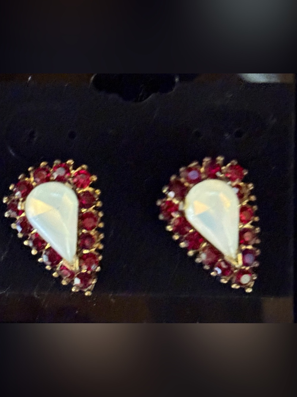 Gold Teardrop Earrings with White Opal Center and Red Crystal Halo